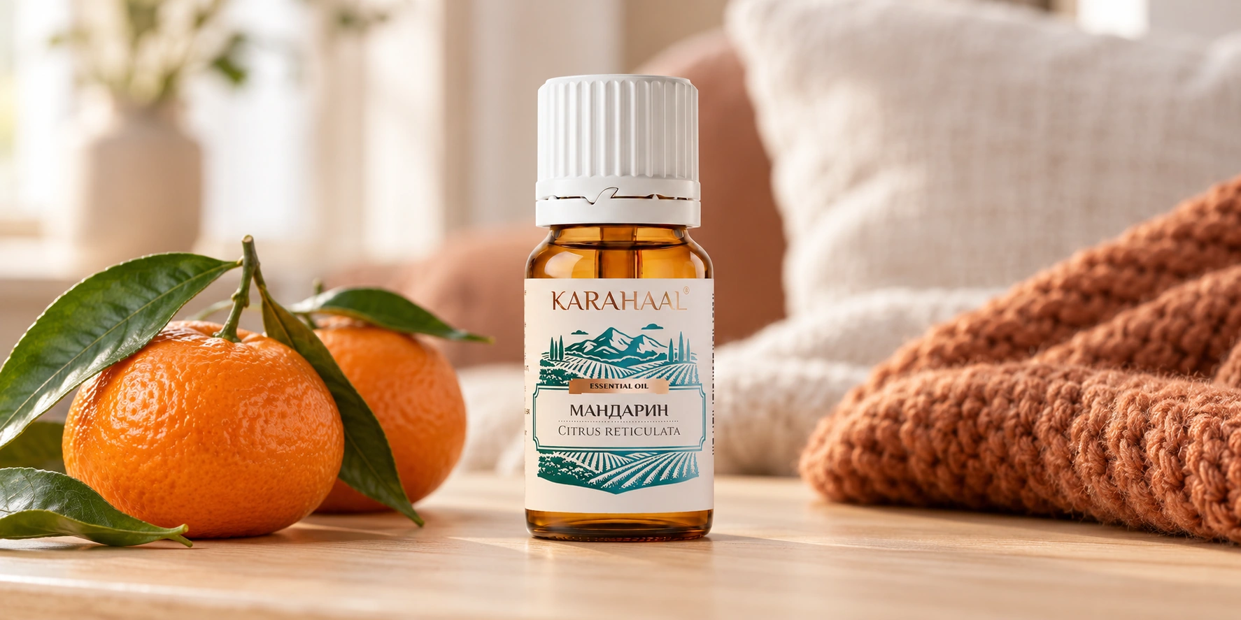 Флакон Karahaal «Мандарин» с оригинальной этикеткой рядом с мандаринами и тёплым вязаным текстилем.