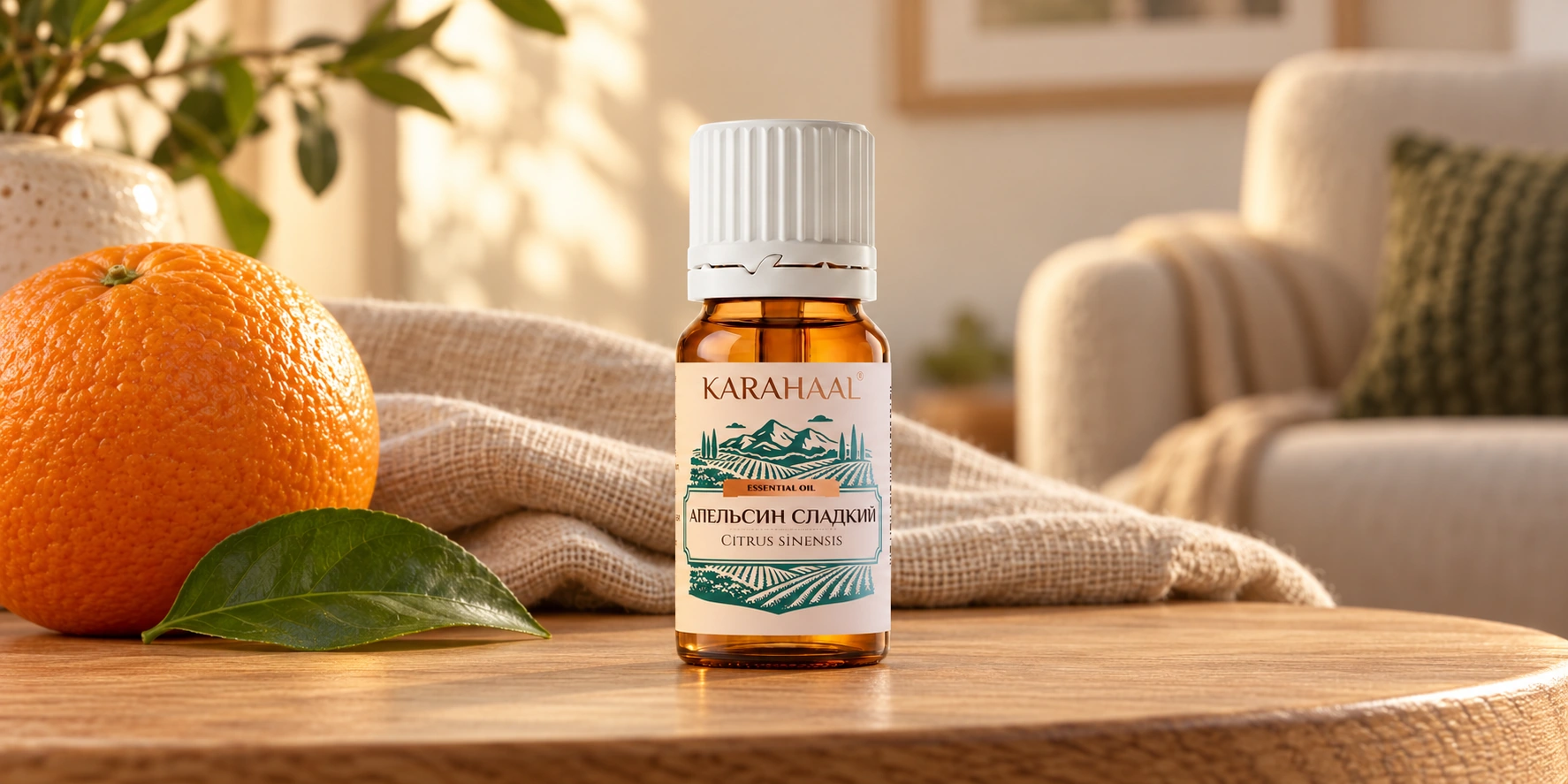 Флакон Karahaal «Апельсин сладкий» с белой крышкой и оригинальной этикеткой в тёплом домашнем интерьере.
